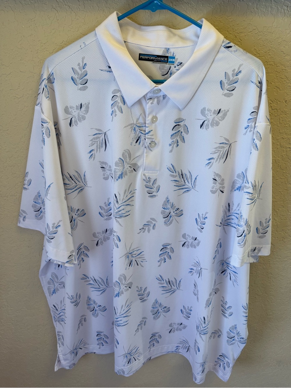 Big and tall Roundtree & Yorke White Polo with Blue Leaf Motif